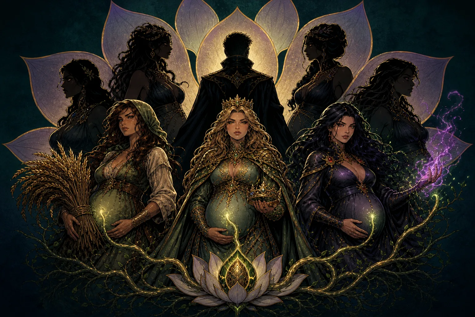 One man encircled by seven women, with pregnancy linked to harvest, royalty, and magical power