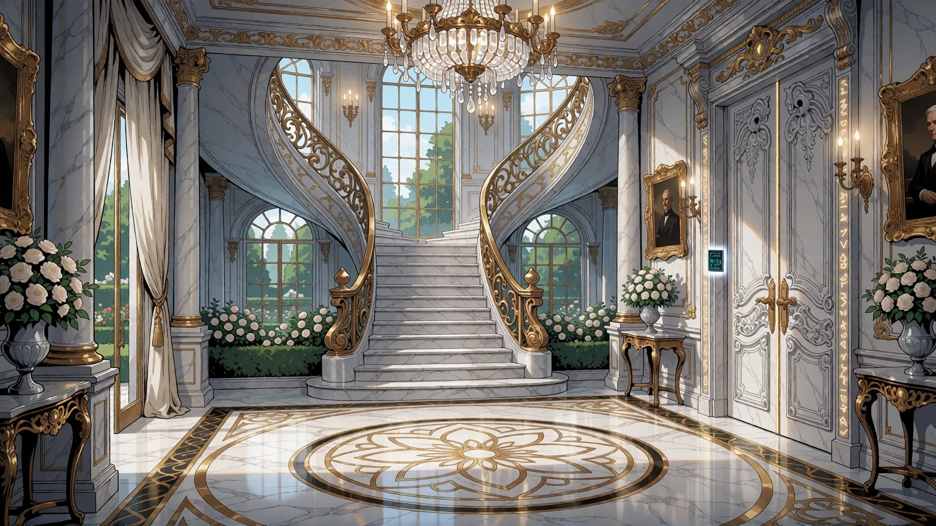A white marble entrance hall with a sweeping double staircase, a crystal chandelier, and a security panel beside carved doors