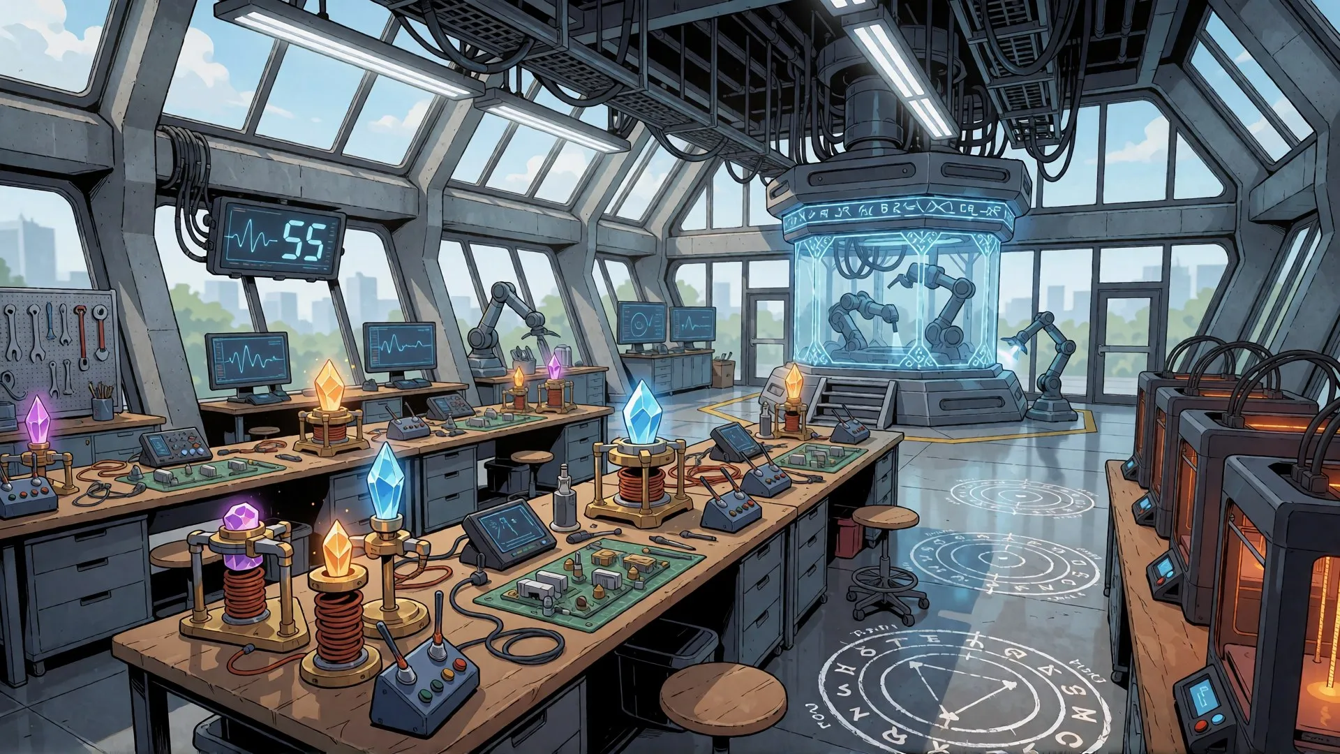 A glass-walled engineering lab with glowing crystals on workbenches, robot arms in a warded test cell, and rune circles on the floor