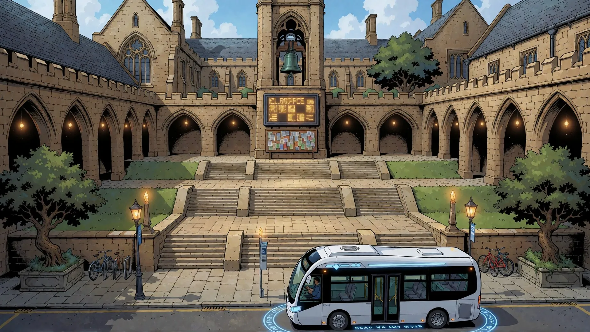 A terraced stone courtyard with a bell tower and digital noticeboard, and an electric shuttle bus waiting on a ring of glowing runes