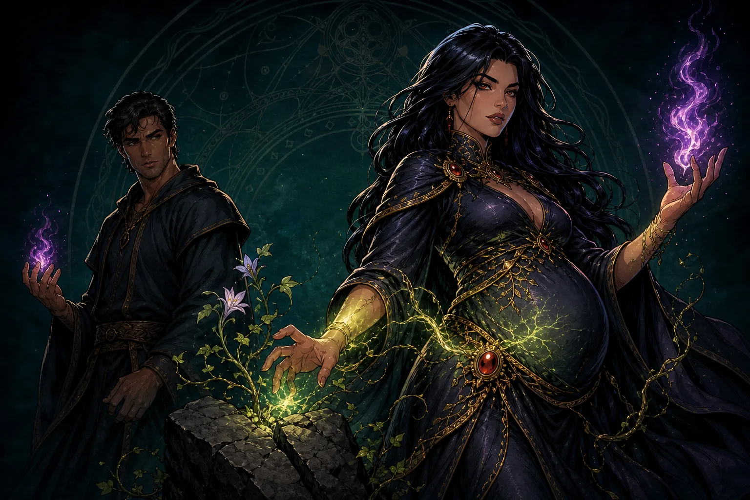 A pregnant sorceress channels flame and flowering growth while a male apprentice produces a smaller spell