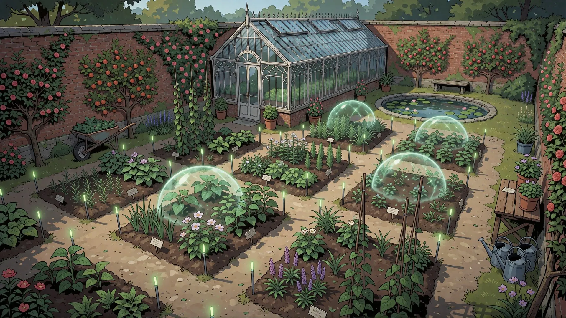 A walled garden of labelled beds under glowing ward domes, with a glasshouse and a lily pond