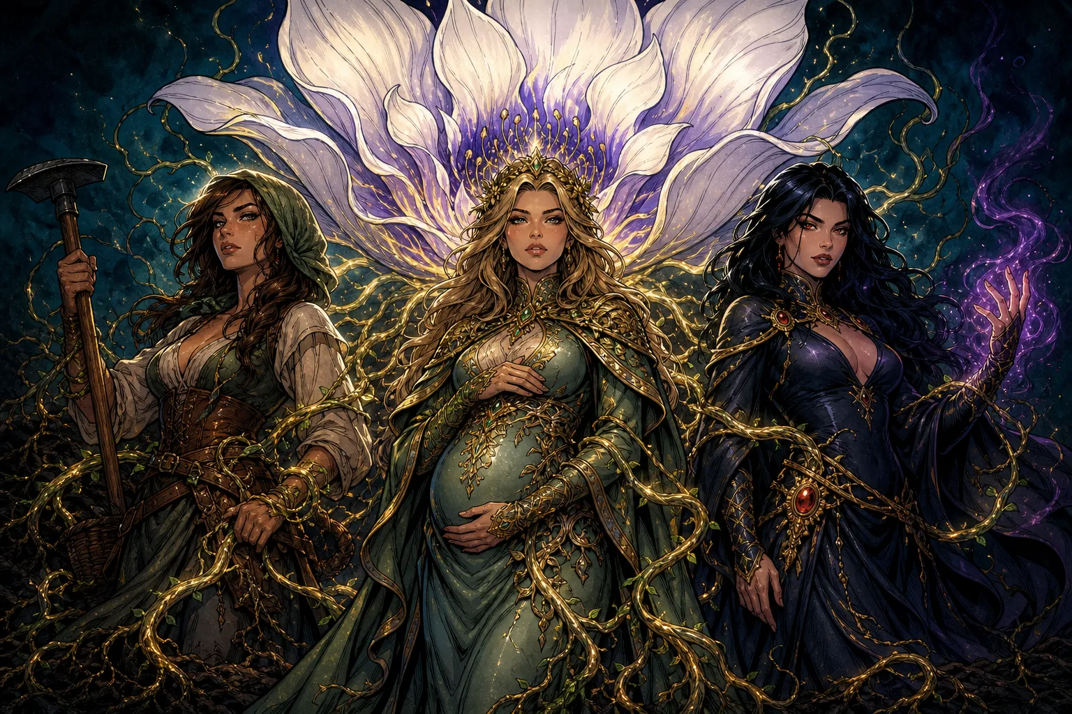 Three women of field, crown, and magic bound by golden roots to the immense Primordial Bloom