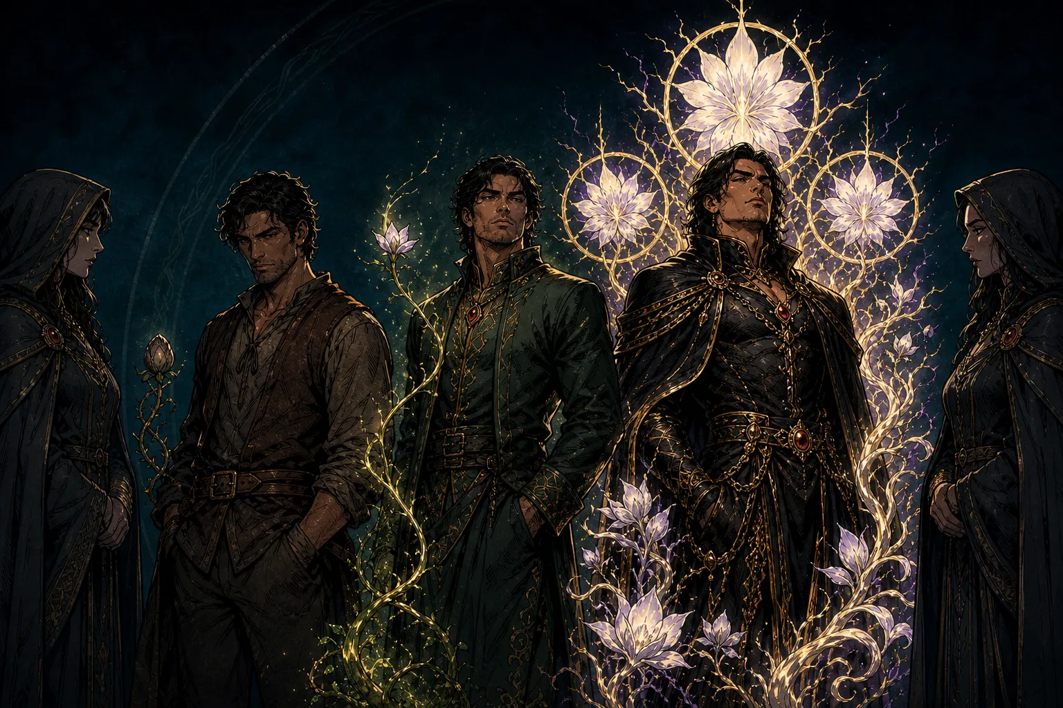 An ordinary man, a Sire, and a True Sire framed by increasingly powerful Bloom magic