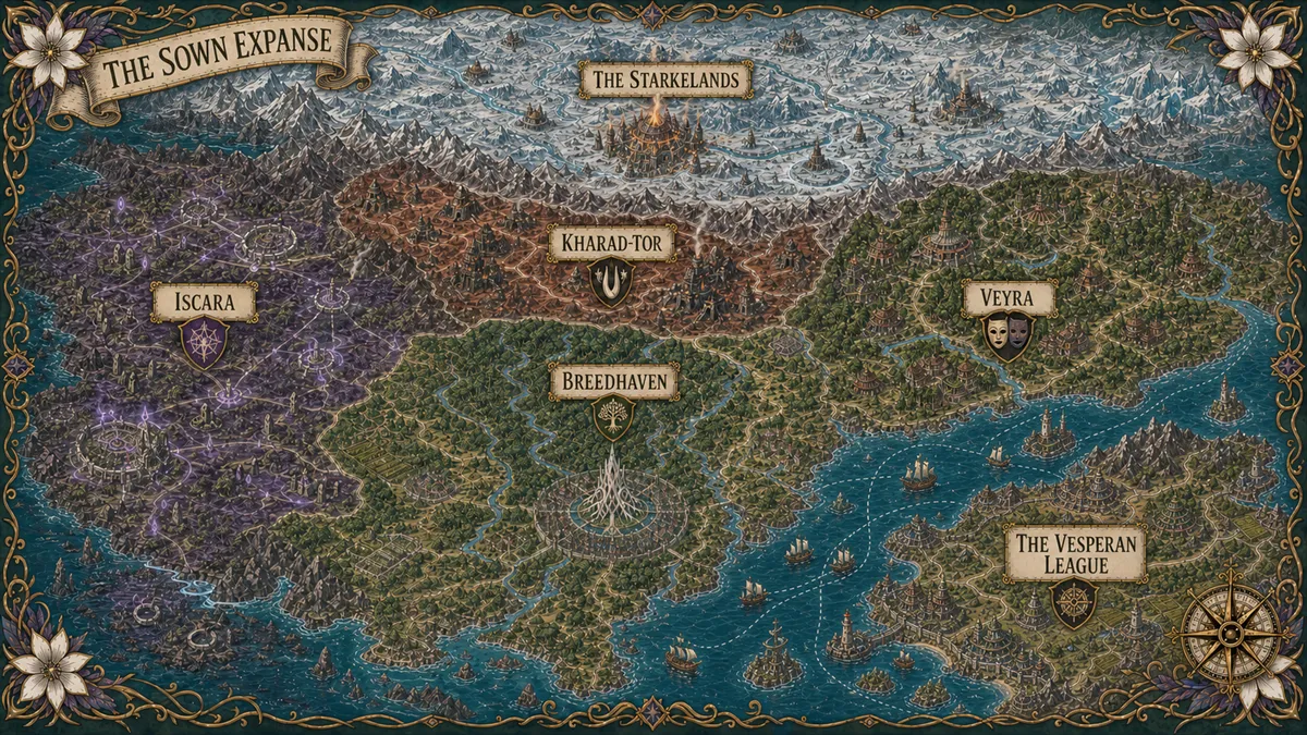 Illustrated map of the Sown Expanse showing Breedhaven, Iscara, Kharad-Tor, Veyra, the Starkelands, and the Vesperan League