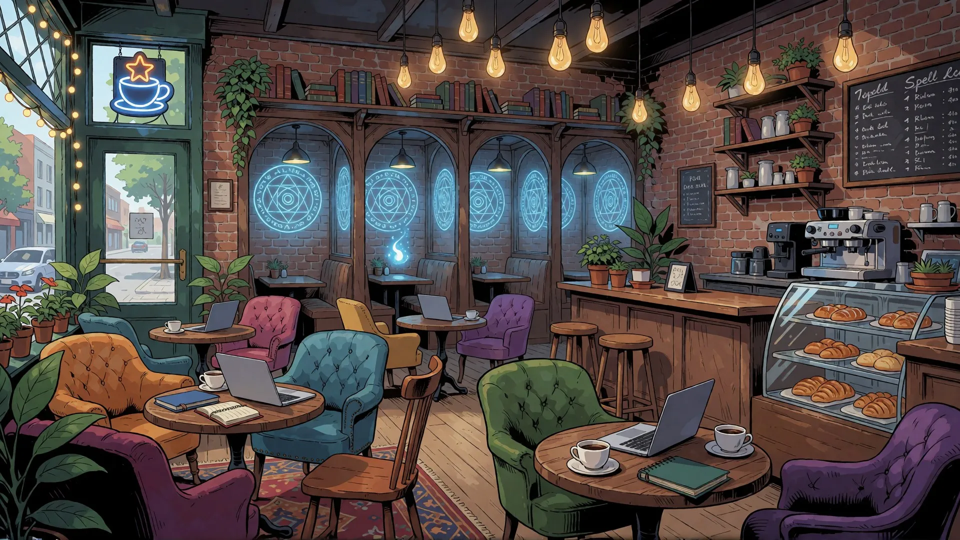A brick coffee shop with armchairs and laptops, an espresso machine, and study booths lit by glowing ward circles